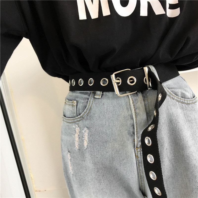 Long Personality Harajuku Casual Ring Black Metal Belt Students Jean Canvas Waist Belts Tide Silver Pin Buckle