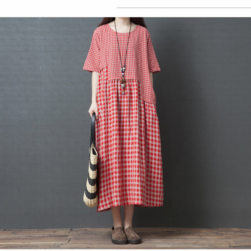 Summer Retro Loose M-XXL 85kg Weight Women Dress Mid-length Fashion Soft Comfortable Cotton and Linen Splicing Plaid Skirt Cozy