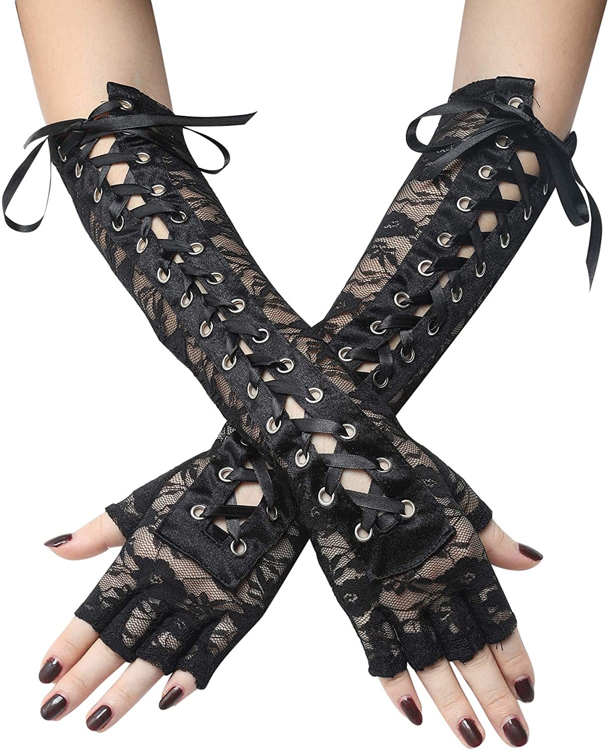 Womens Sexy Elbow Length Punk Fingerless Arm Warmer Goth Black Misa Amane Cosplay Accessories Fishnet Mesh Party LACE Gloves