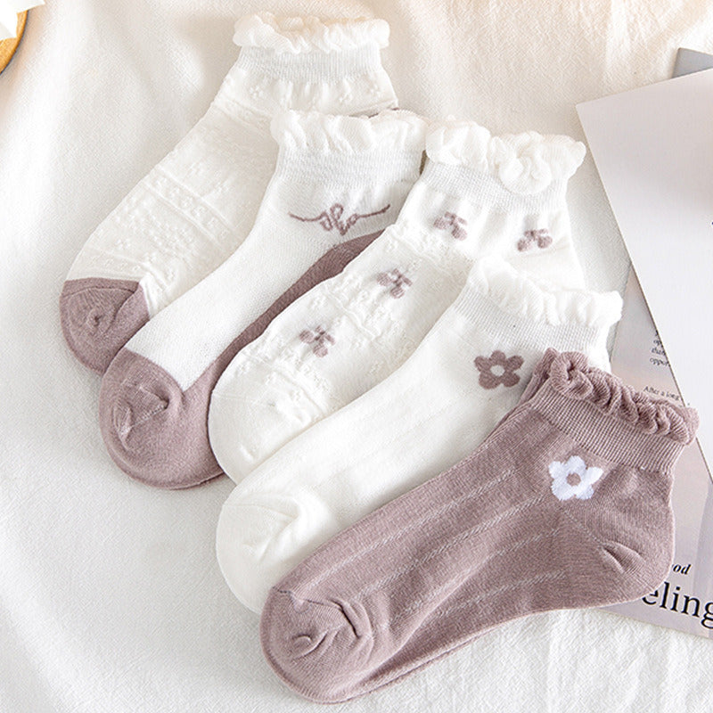 5Pairs Lot Women Cute Lace Flower Boat Socks Chaussette Cotton Ankle No Show Short Sock Breathable Spring Summer Calcetines