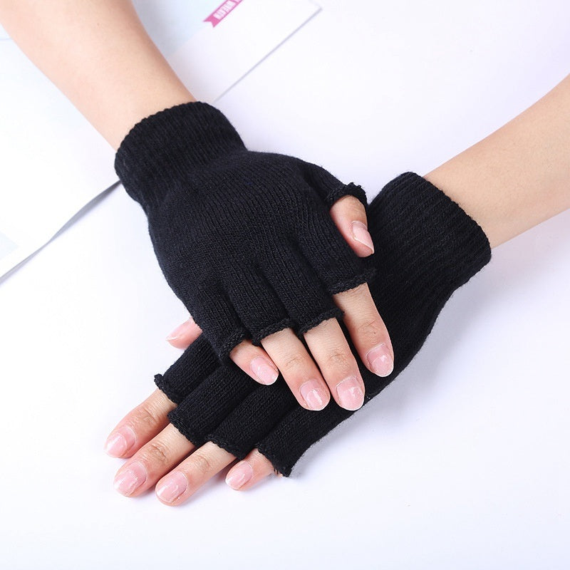 1Pair Unisex Black Half Finger Fingerless Gloves for Women and Men Wool Knit Wrist Cotton Gloves Winter Warm Work Gloves