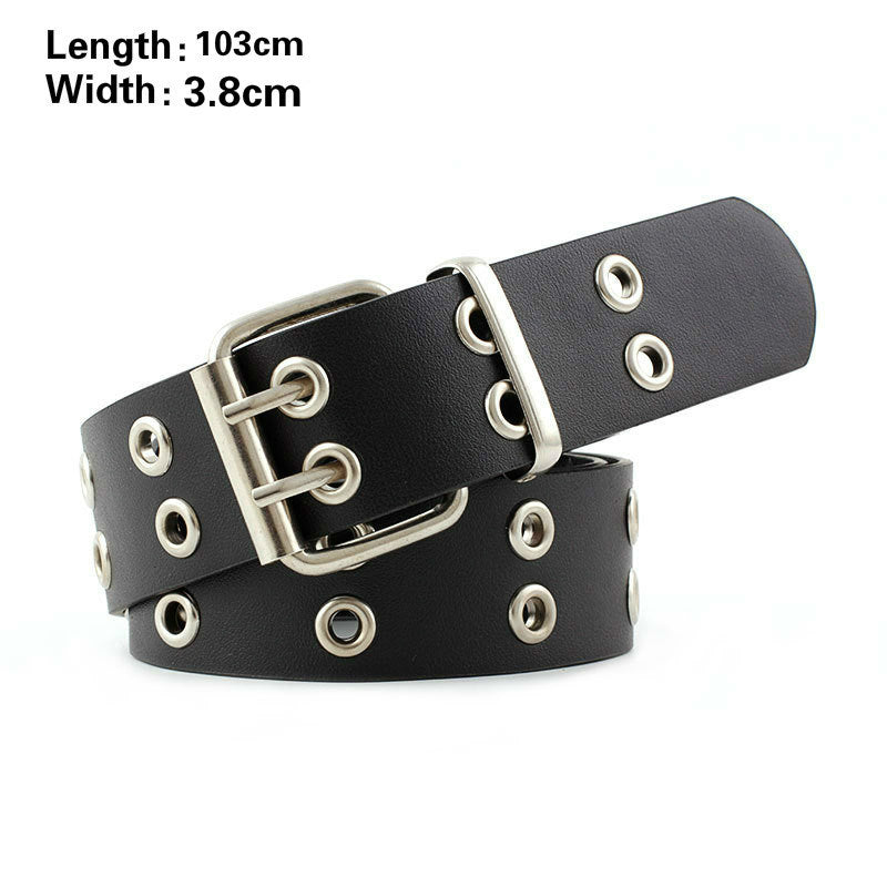 Fashion Harajuku Women Punk Chain Belt Adjustable Black Double/Single Eyelet Grommet Metal Buckle Leather Waistband For Jeans