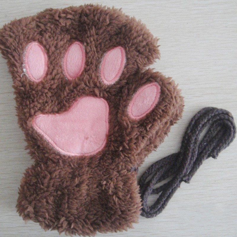 Cute Cat Paw Fluffy Claw Fingerless Gloves Warm Soft Plush Fingerless Panda Glove Half Finger Women Winter Wear Christmas Gifts