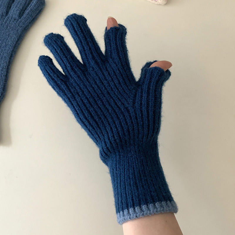 Pure Color Knitted Woolen Gloves Female Winter Screen Student Riding Split Finger Couple Thick Warm Gloves Women Gloves