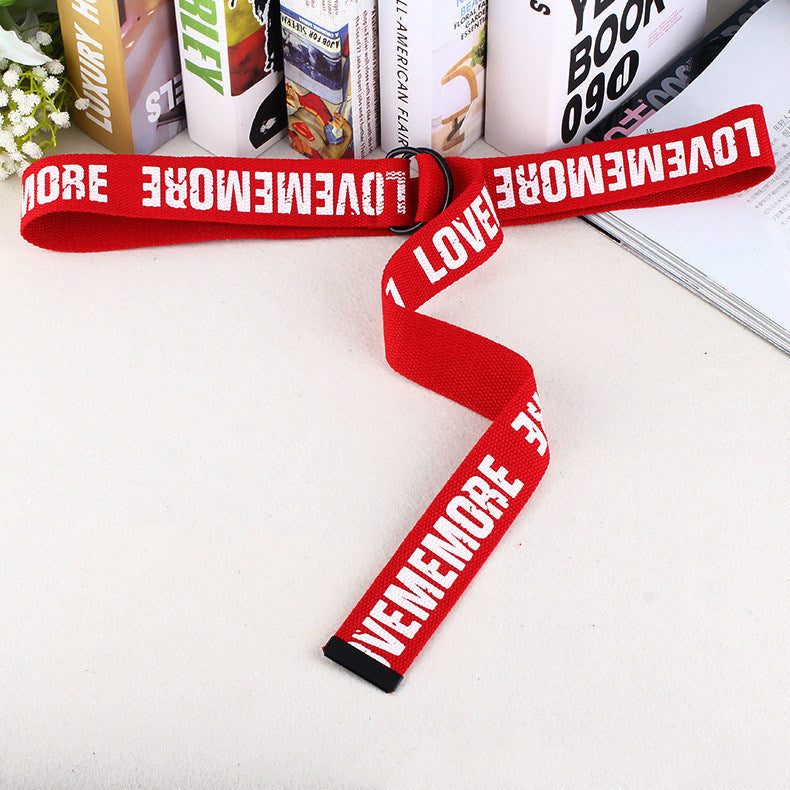 Women Harajuku Belt Red Letter Printed Fashion Unisex Double D Ring Canvas Strap Female Long Belts for Jeans