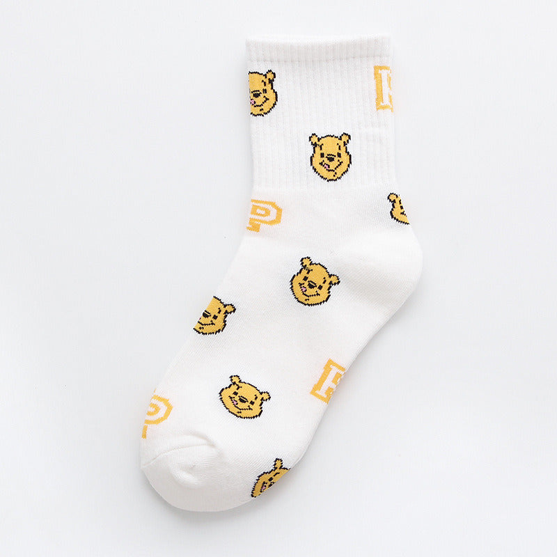 Cute Disney Women's Socks Anime Donald Duck Winnie The Pooh Mickey Mouse Kawaii Cartoon Mid Tube Girls Funny Casual Socks