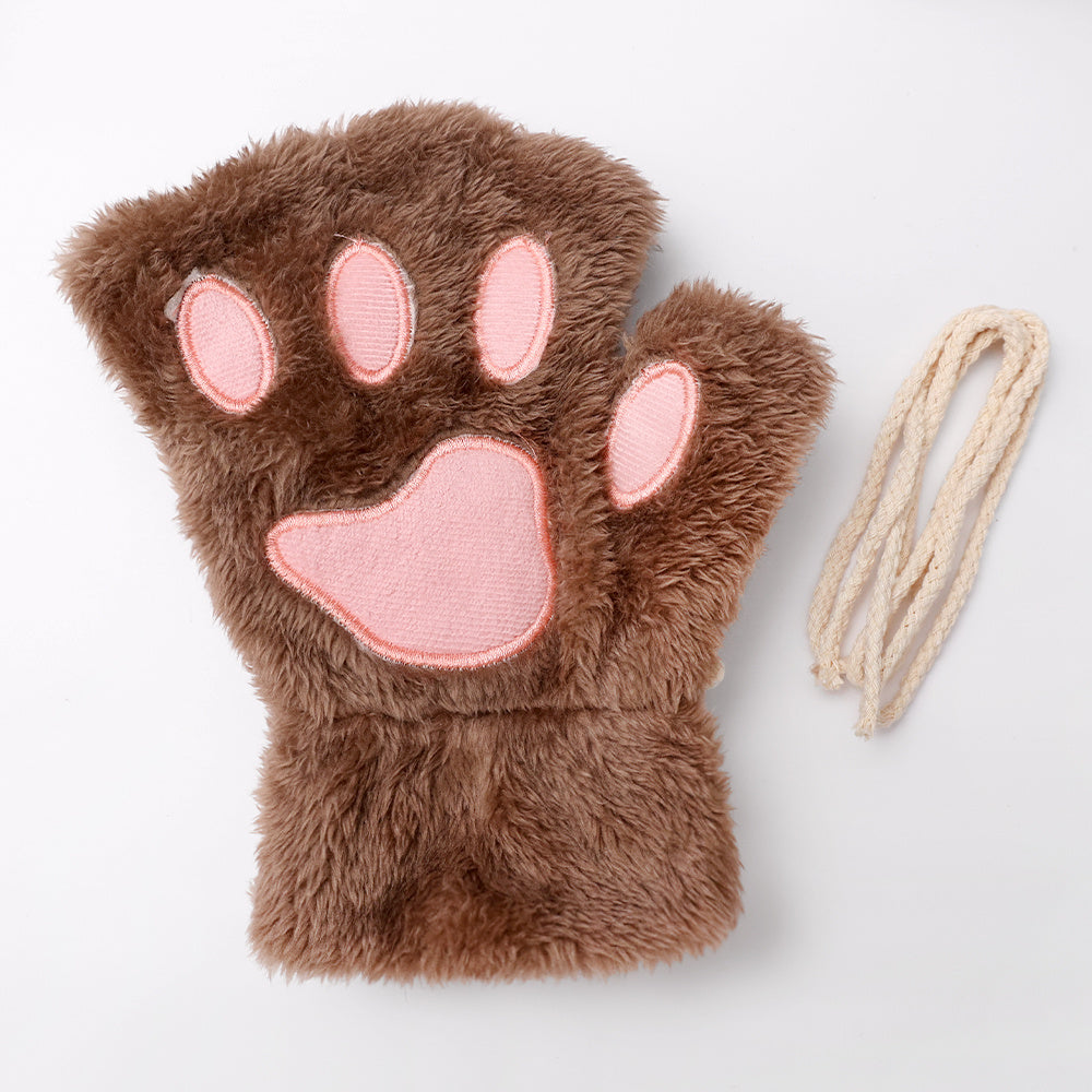 Cute Cat Paw Fluffy Claw Fingerless Gloves Warm Soft Plush Fingerless Panda Glove Half Finger Women Winter Wear Christmas Gifts