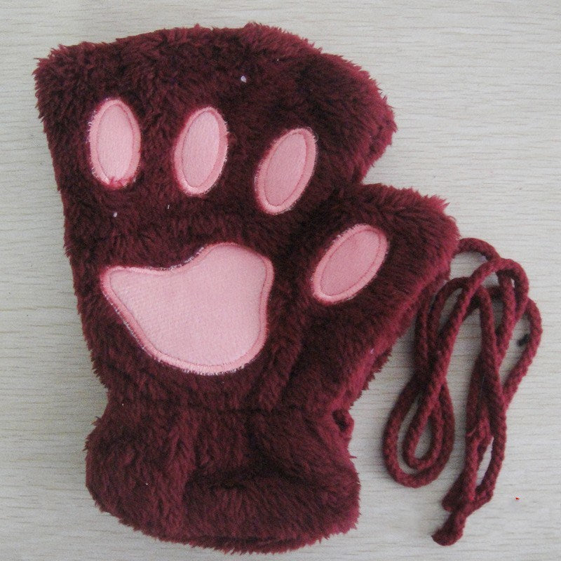 Cute Cat Paw Fluffy Claw Fingerless Gloves Warm Soft Plush Fingerless Panda Glove Half Finger Women Winter Wear Christmas Gifts