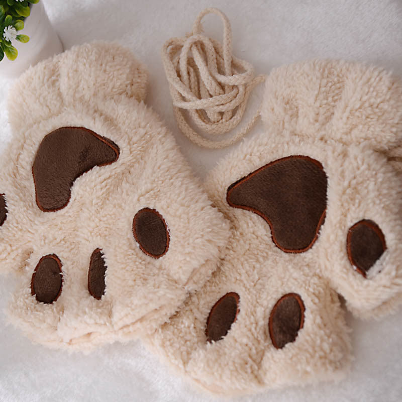 Cute Cat Paw Fluffy Claw Fingerless Gloves Warm Soft Plush Fingerless Panda Glove Half Finger Women Winter Wear Christmas Gifts