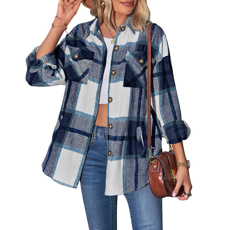 Women Plaid Shacket Jacket Casual Loose Pocket Shirt