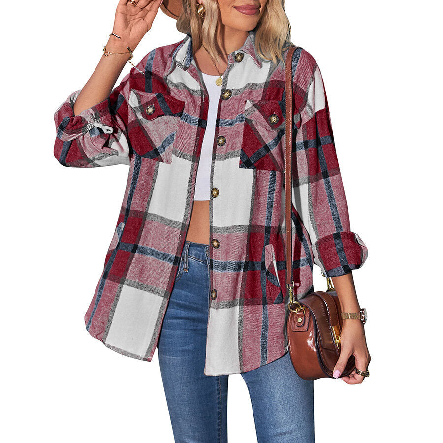 Women Plaid Shacket Jacket Casual Loose Pocket Shirt