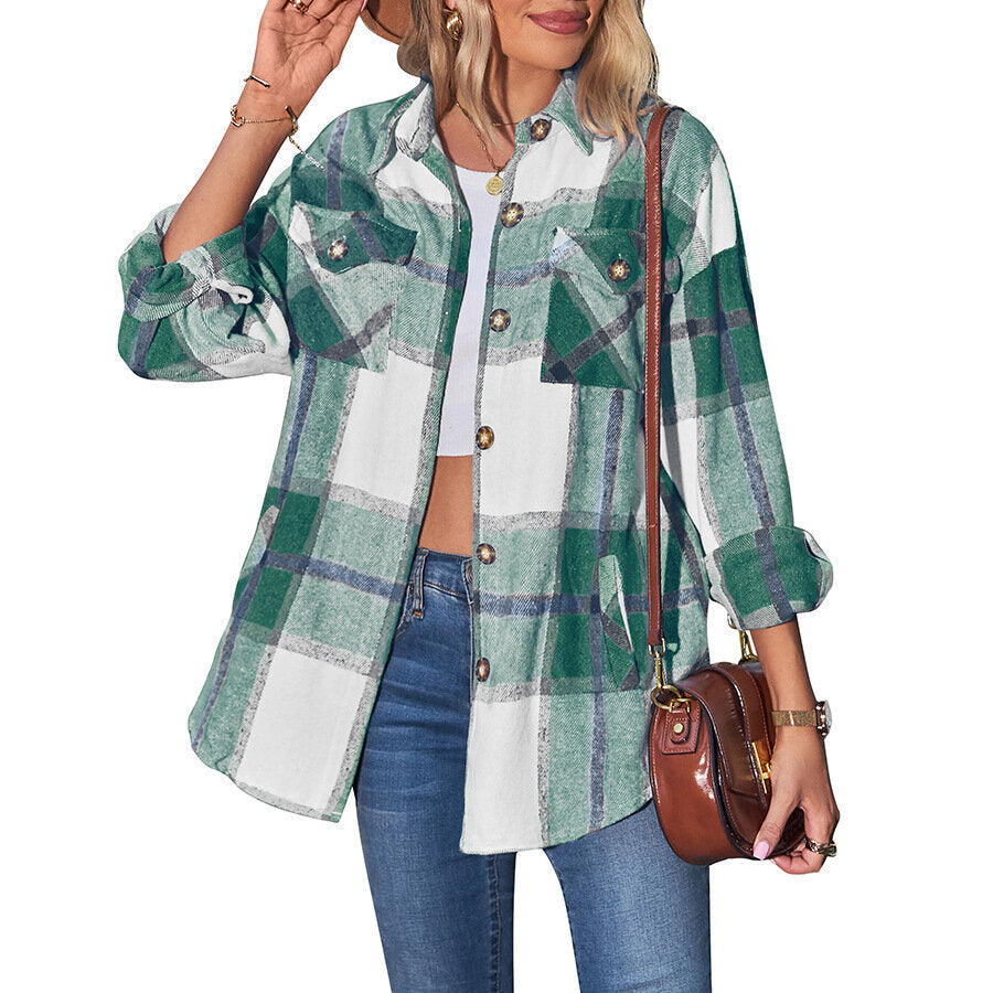 Women Plaid Shacket Jacket Casual Loose Pocket Shirt