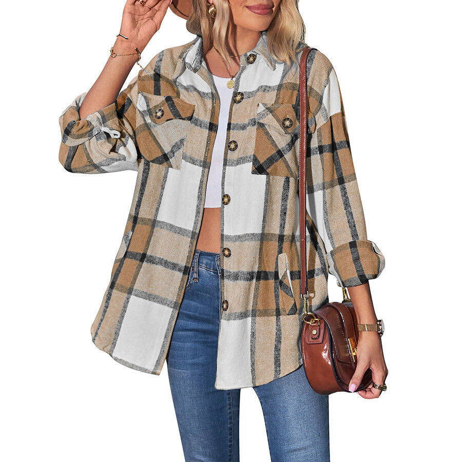 Women Plaid Shacket Jacket Casual Loose Pocket Shirt