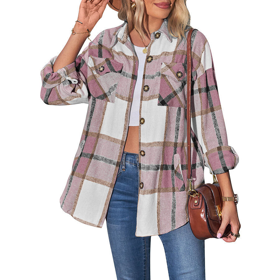 Women Plaid Shacket Jacket Casual Loose Pocket Shirt