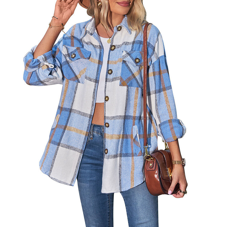 Women Plaid Shacket Jacket Casual Loose Pocket Shirt