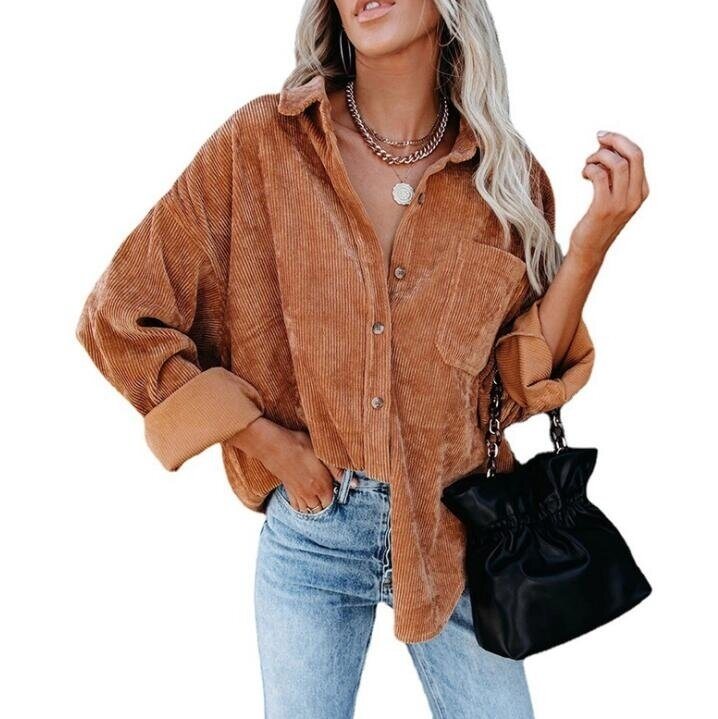 Women Corduroy Jacket Shirts Long Sleeve Button Down Blouses