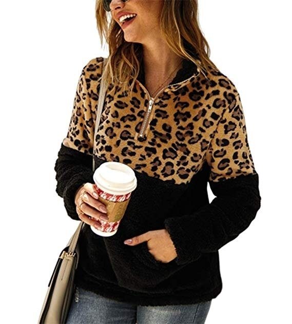 Leopard Sherpa Half-Zip Sweater