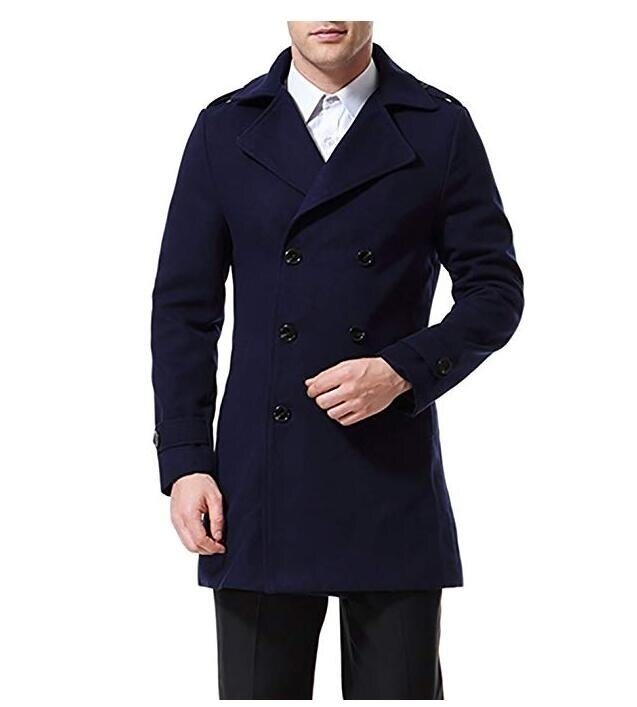 Men's Trenchcoat Double Breasted Overcoat Pea Coat Classic Wool Blend Slim Fit