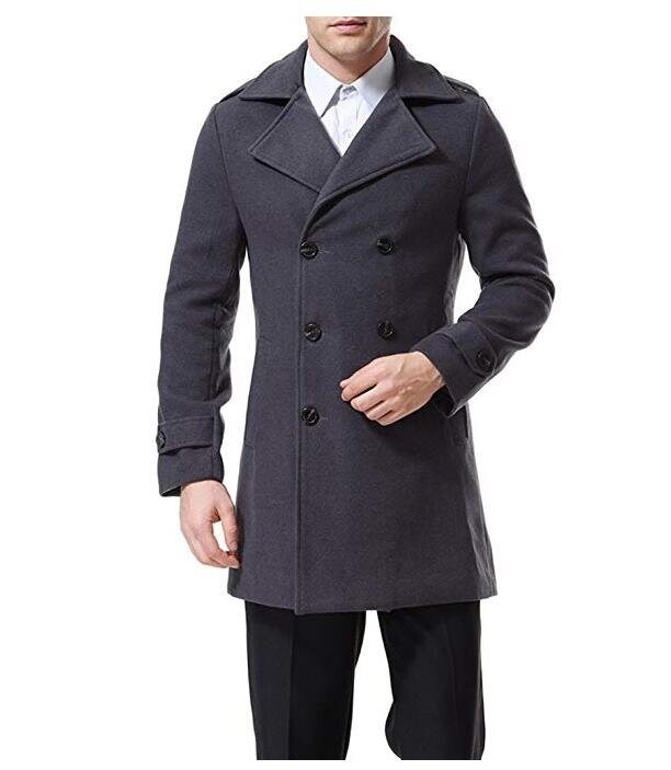 Men's Trenchcoat Double Breasted Overcoat Pea Coat Classic Wool Blend Slim Fit