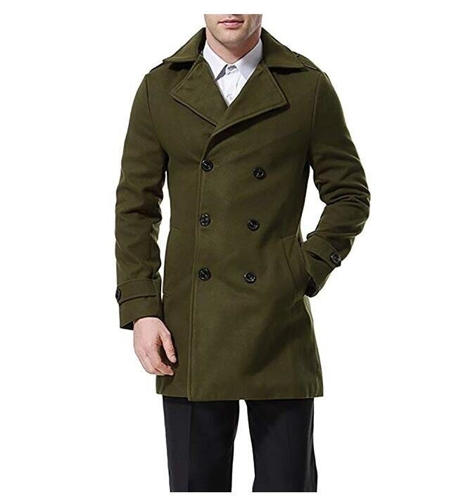 Men's Trenchcoat Double Breasted Overcoat Pea Coat Classic Wool Blend Slim Fit