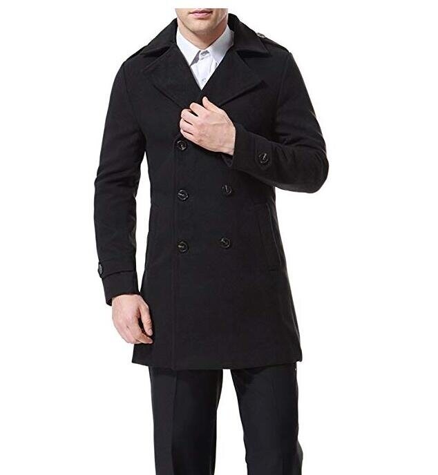 Men's Trenchcoat Double Breasted Overcoat Pea Coat Classic Wool Blend Slim Fit