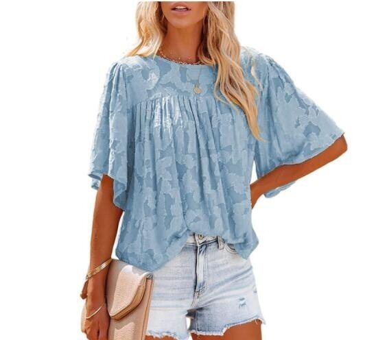 Lace Casual Jacquard Short Sleeves Shirt Blouse