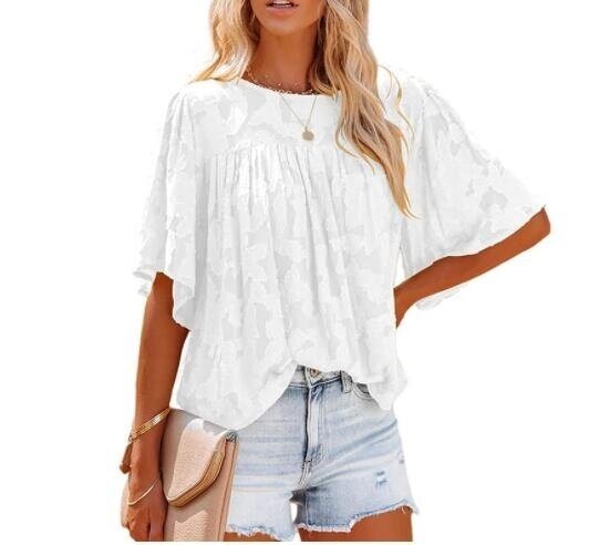 Lace Casual Jacquard Short Sleeves Shirt Blouse