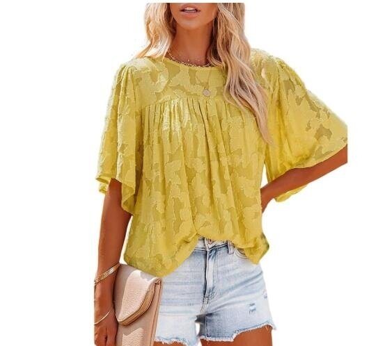 Lace Casual Jacquard Short Sleeves Shirt Blouse