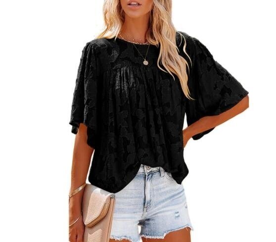 Lace Casual Jacquard Short Sleeves Shirt Blouse