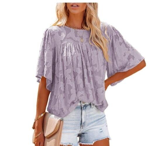 Lace Casual Jacquard Short Sleeves Shirt Blouse