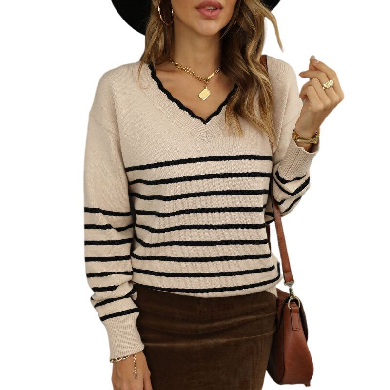 Women V-neck Striped Knitted Sweater