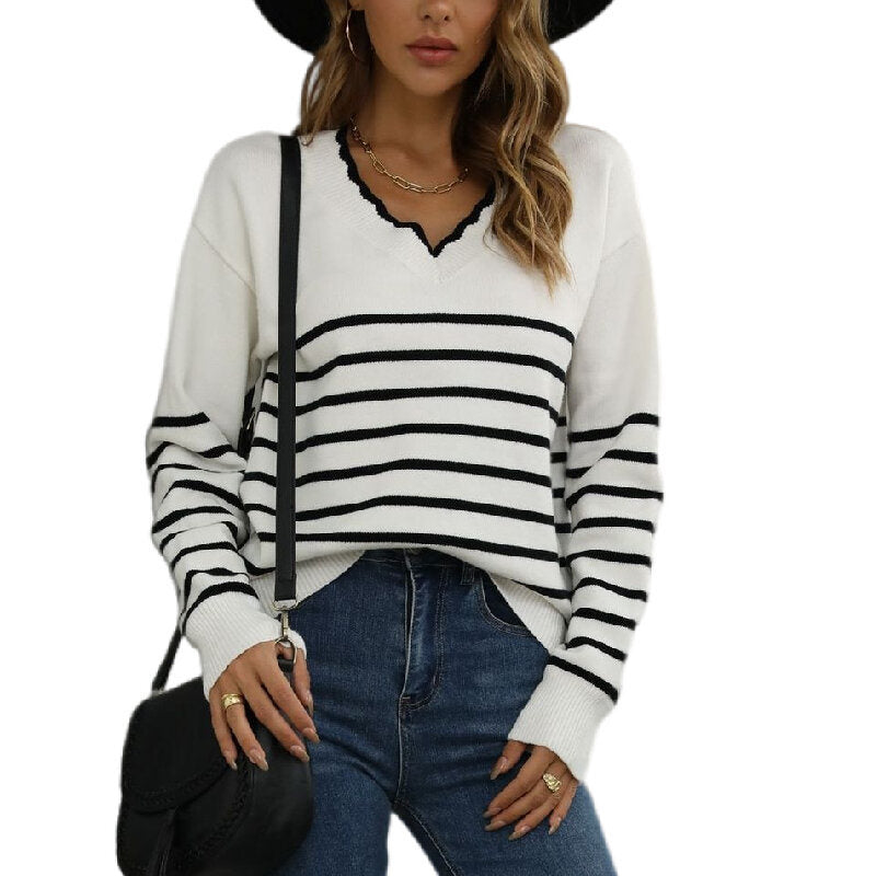 Women V-neck Striped Knitted Sweater