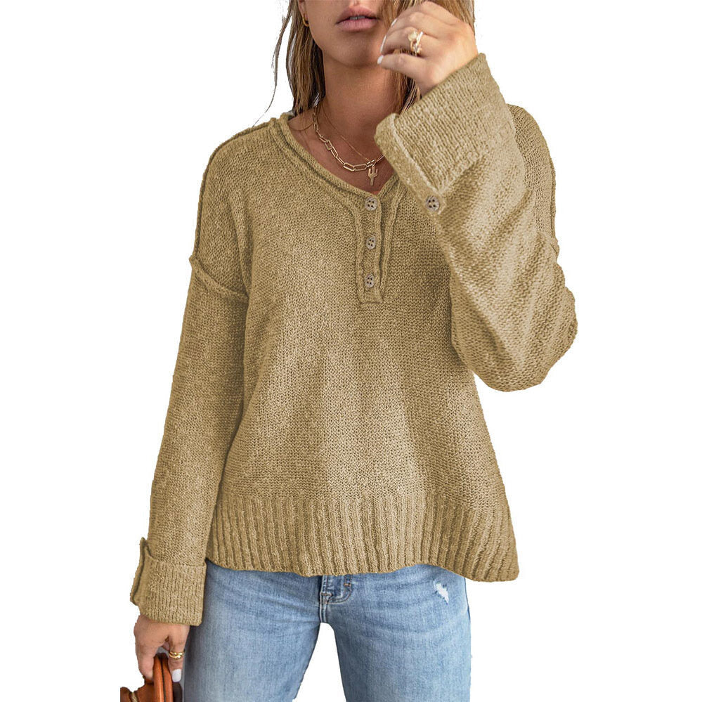 Women's Loose Button Knit Drop Shoulder Sweater Tops