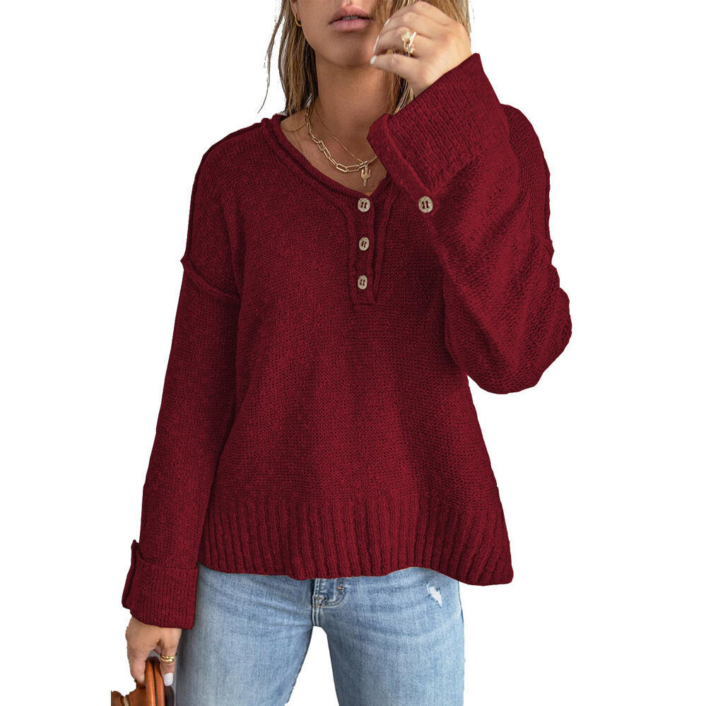 Women's Loose Button Knit Drop Shoulder Sweater Tops