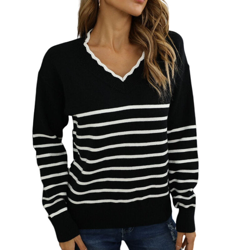 Women V-neck Striped Knitted Sweater