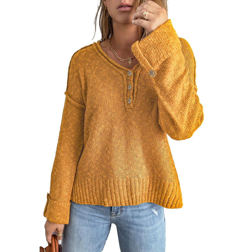 Women's Loose Button Knit Drop Shoulder Sweater Tops