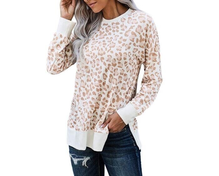 Leopard Print Slit Casual Long Sleeve Sweatshirt