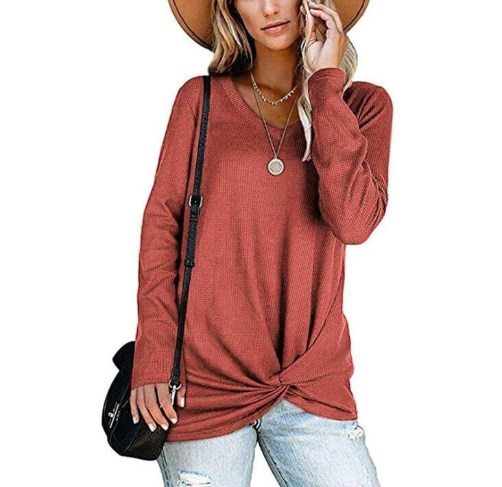 Waffle Knit Tunic Blouse Tie Knot Sweater