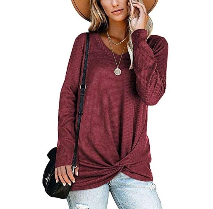 Waffle Knit Tunic Blouse Tie Knot Sweater