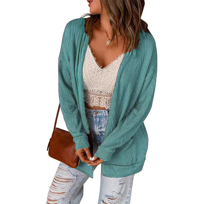 Women Loose Knit Panel Sweater Knit Long Sleeve Cardigan