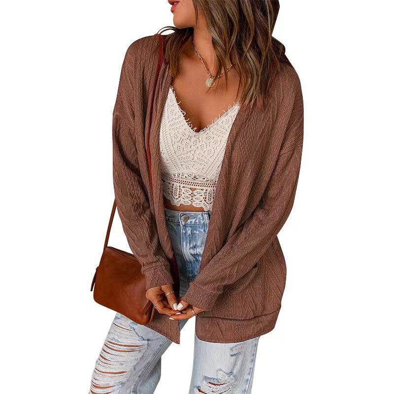 Women Loose Knit Panel Sweater Knit Long Sleeve Cardigan