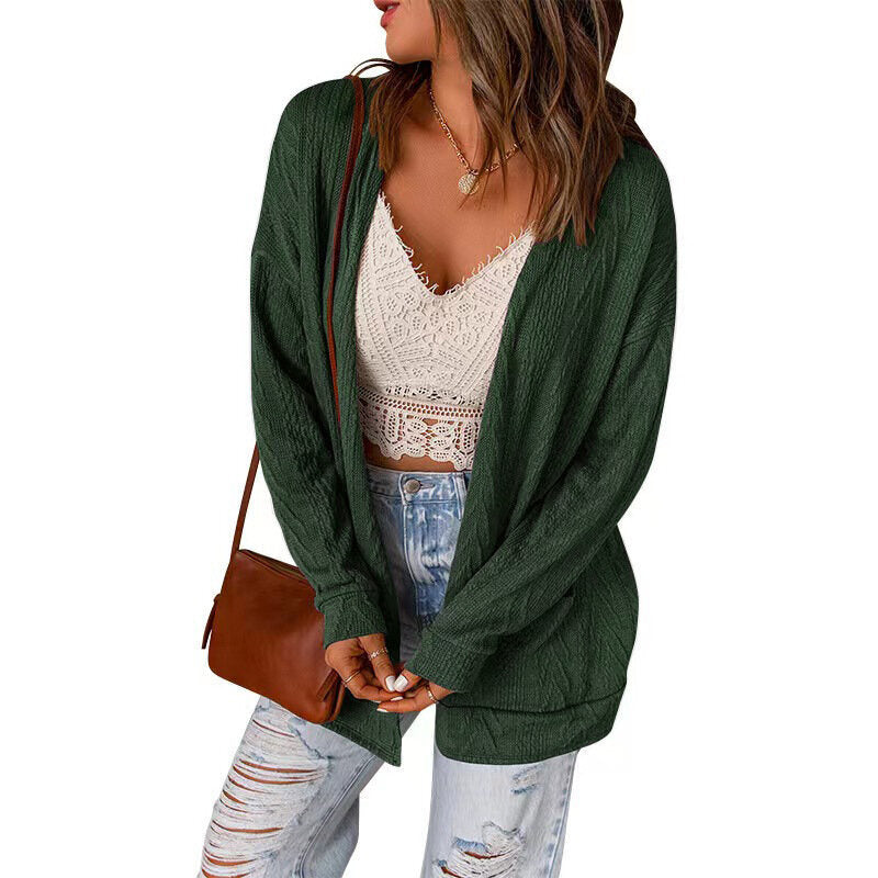 Women Loose Knit Panel Sweater Knit Long Sleeve Cardigan