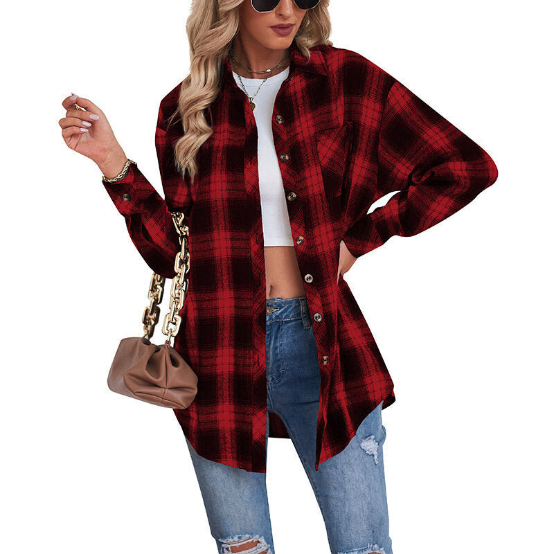 Women Flannel Plaid Jacket Button Down Casual Long Sleeve Blouse