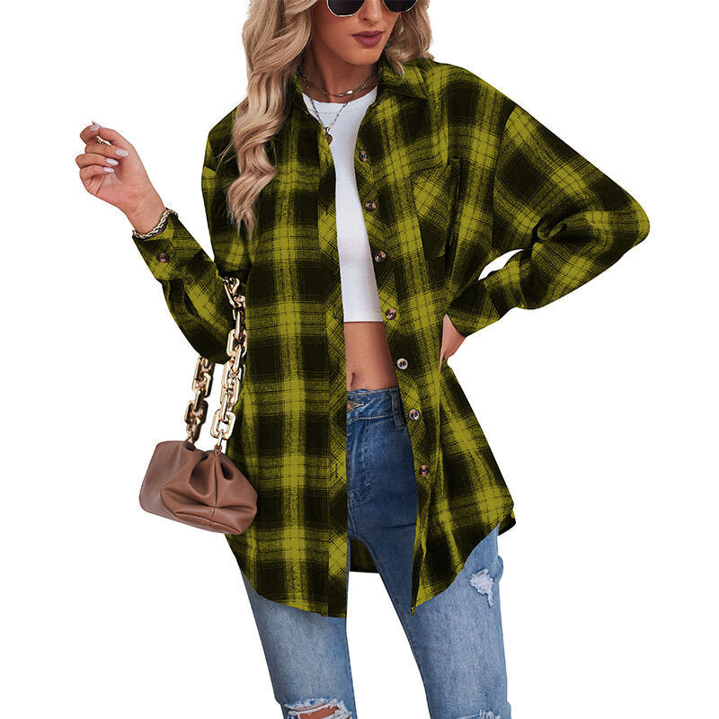 Women Flannel Plaid Jacket Button Down Casual Long Sleeve Blouse