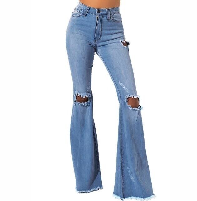 Women Destoryed Flare Jeans Elastic Waist Bell Bottom Raw Hem Denim Pants