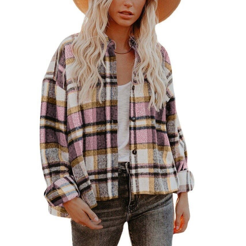 Womens Flannel Plaid Casual Button Down Shirt Blouses Shacket Jackets