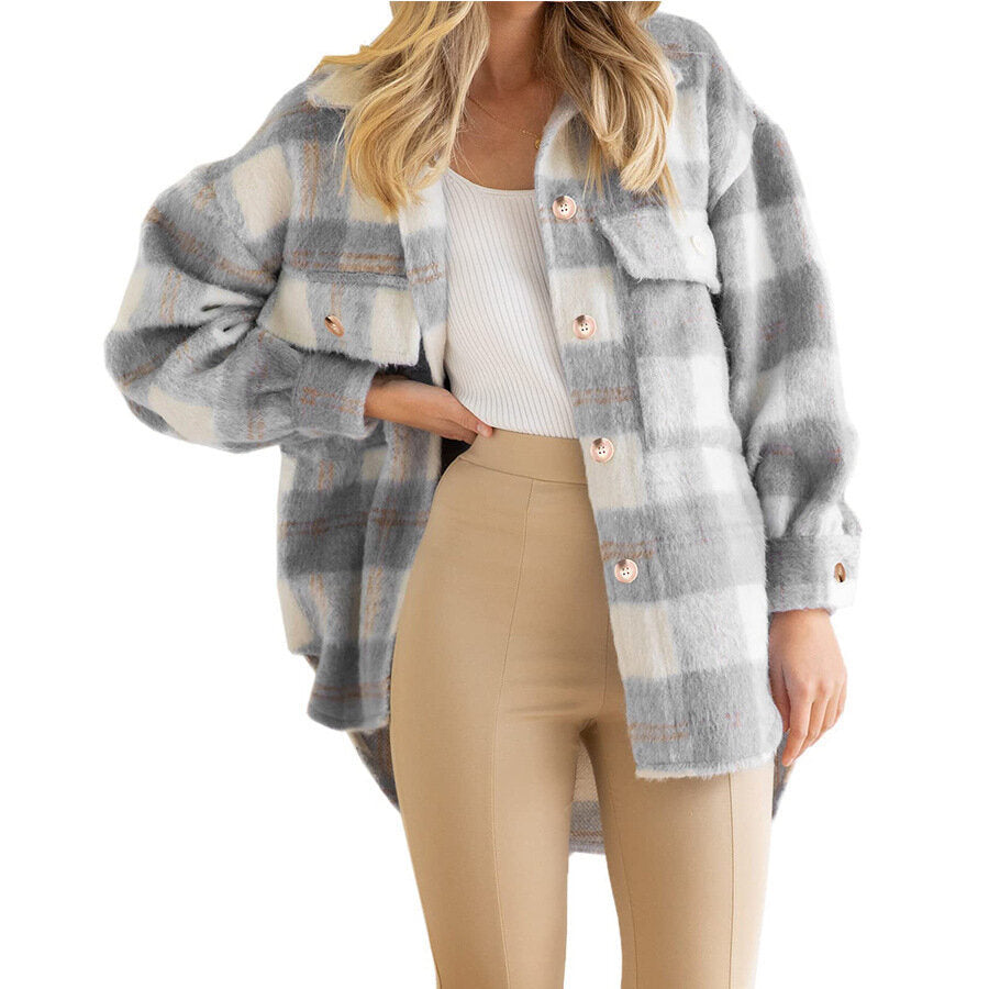 Womens Flannel Wool Blend Plaid Button Down Shacket Jacket Thick Coat