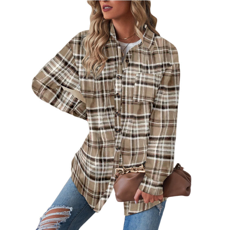 Women Flannel Plaid Jacket Button Down Casual Long Sleeve Blouse