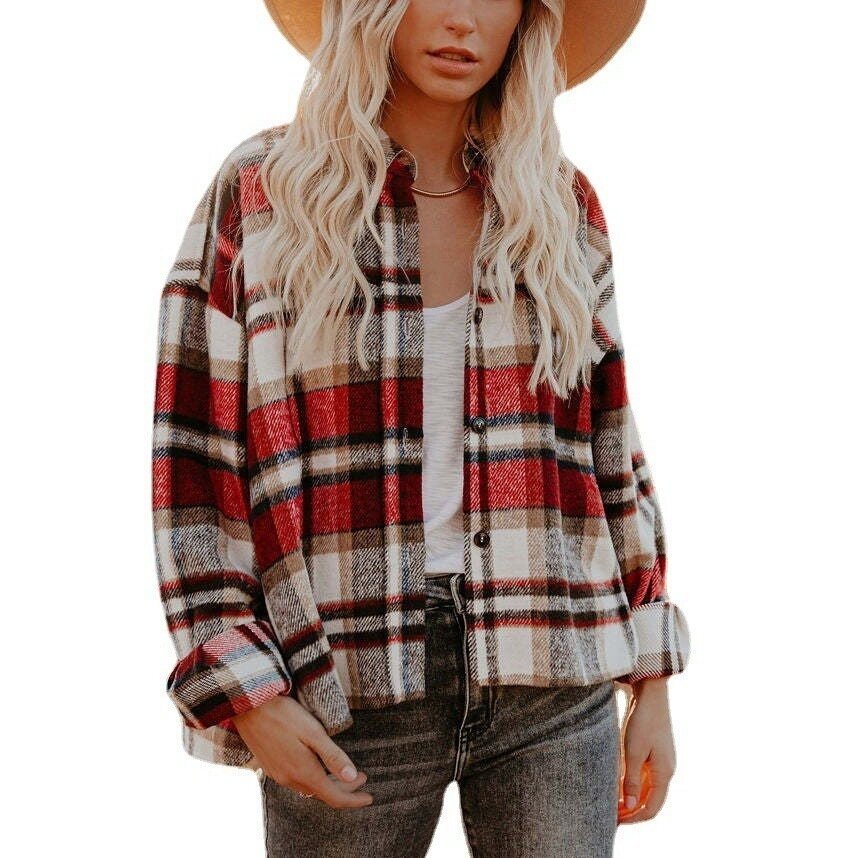 Womens Flannel Plaid Casual Button Down Shirt Blouses Shacket Jackets