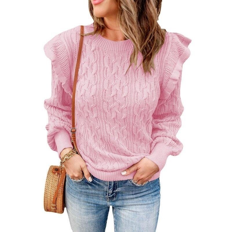 Women's Knitted Flounce Sweater Pullover Tops